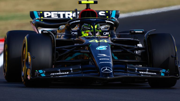 Lewis Hamilton drives the Mercedes W14 in Practice Two at the Hungarian GP