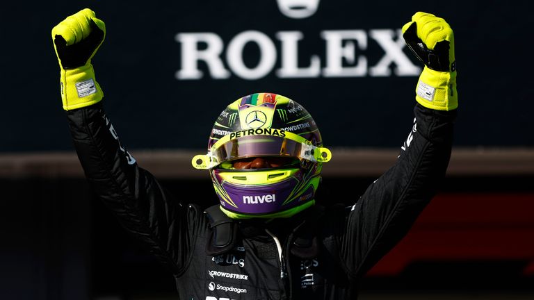 Lewis Hamilton celebrates his pole position at the Hungarian GP