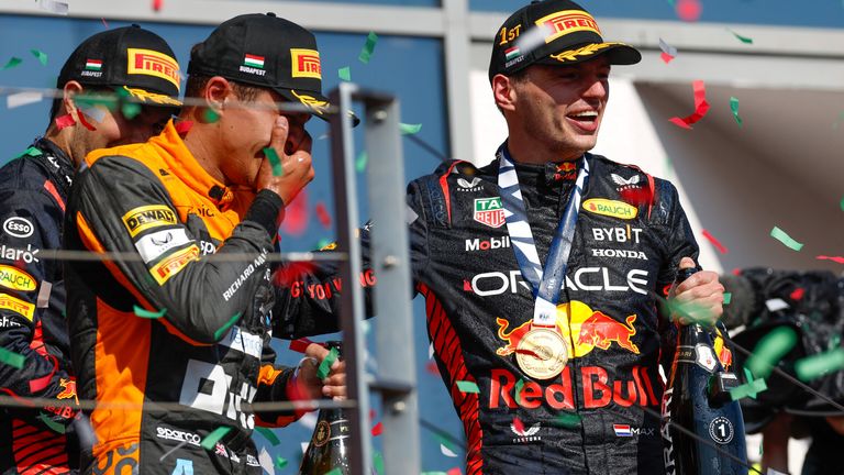 Max Verstappen celebrates on the Hungarian GP podium