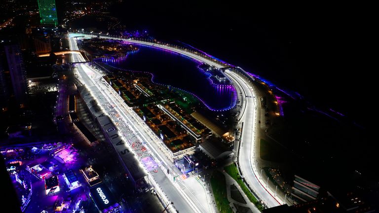 Overhead general view of the Jeddah street circuit in Saudi Arabia