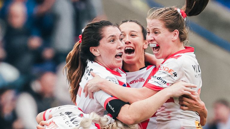 Picture by Alex Whitehead/SWpix.com - 22/07/2023 - Rugby League - Betfred Women's Challenge Cup Semi-Final - St Helens v York Valkyrie - Halliwell Jones Stadium, Warrington, England - St Helens’ Faye Gaskin is congratulated by team-mates after kicking the winning point.