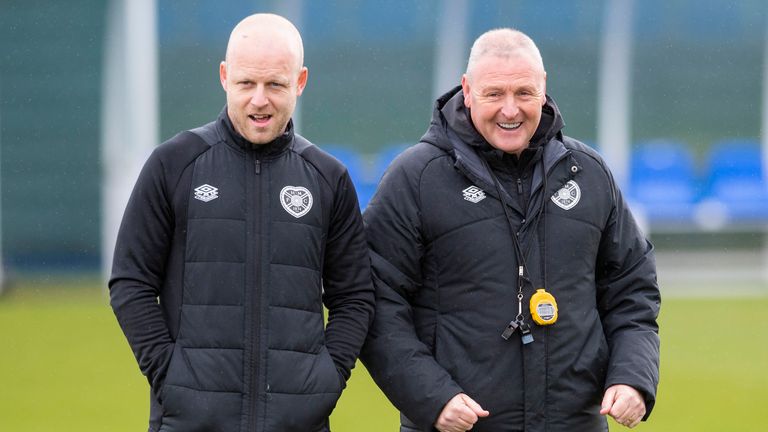 EDINBURGH, SCOTLAND - APRIL 13: Hearts interim manager Steven Naismith and Frankie McAvoy during Heart of Midlothian media access  at the Oriam, on April 13, 2023, in Edinburgh, Scotland. (Photo by Mark Scates / SNS Group)