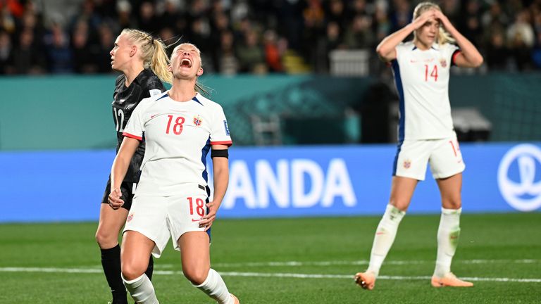 Norway's Frida Maanum reacts after missing a chance during the Women's World Cup soccer match between New Zealand and Norway in Auckland, New Zealand, Thursday, July 20, 2023. (AP Photo/Andrew Cornaga)