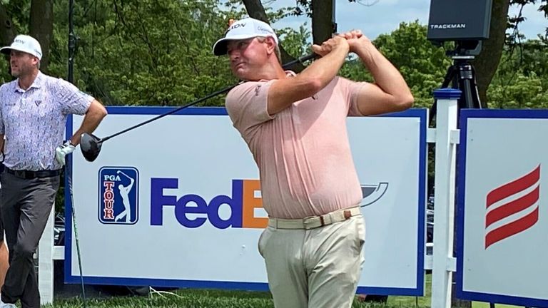 Lucas Glover tees off on the first hole at the Barbasol Championship golf tournament in Nicholasville, Ky. Thursday, July 13, 2023.