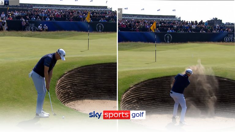 Justin Thomas has a nightmare start on his opening hole, misjudging his chip shot and ending up in the bunker, but nearly recovers immediately!