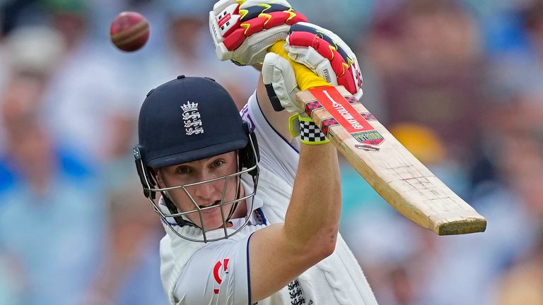 England&#39;s Harry Brook plays a shot during the first day of the fifth Ashes Test match between England and Australia at The Oval cricket ground in London, Thursday, July 27, 2023. (AP Photo/Kirsty Wigglesworth)
