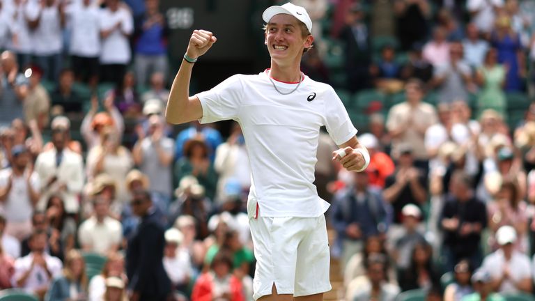 Henry Searle celebrates victory against Yaroslav Demin following the Boys&#39; Singles Final on day fourteen of the 2023 Wimbledon Championships at the All England Lawn Tennis and Croquet Club in Wimbledon. Picture date: Sunday July 16, 2023.