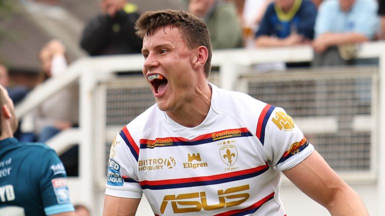 Wakefield's Innes Senior celebrates scoring one of his four tries against Warrington