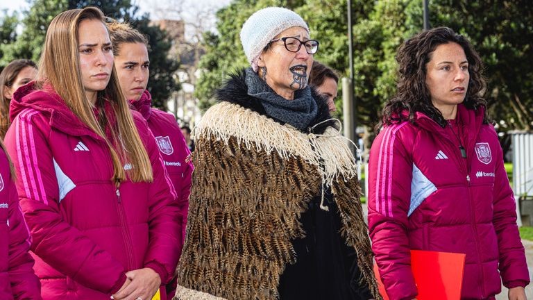 Irene Guerrero (L) and Ivana Andres (R) attend a Spain team welcome ceremony in  New Zealand