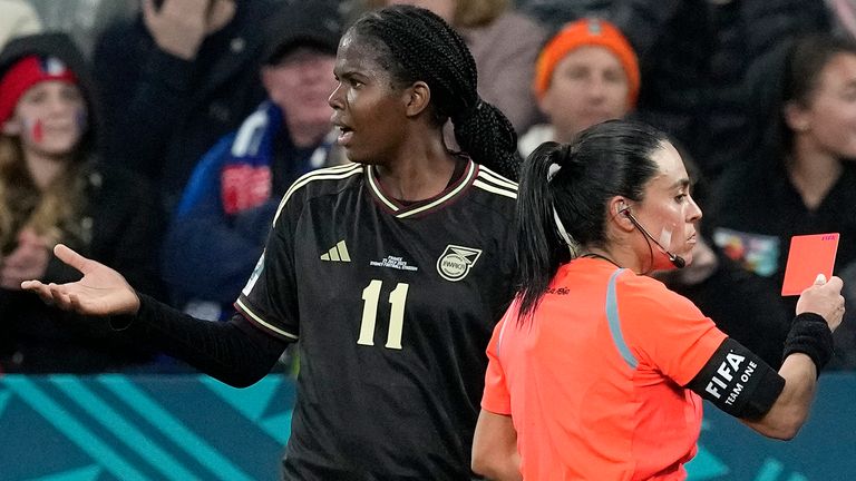 Jamaica's Khadija Shaw reacts after getting a red card from referee Maria Carvajal during the Women's World Cup Group F soccer match between France and Jamaica at the Sydney Football Stadium in Sydney, Australia, Sunday, July 23, 2023. (AP Photo/Mark Baker)