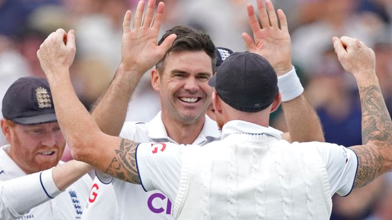England's James Anderson, third right, celebrates with teammates the dismissal of Australia's Mitchell Marsh during the second day of the fifth Ashes Test match between England and Australia at The Oval cricket ground in London, Friday, July 28, 2023. (AP Photo/Kirsty Wigglesworth)