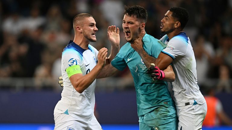 England's players celebrate their 1-0 victory in the Euro 2023 U21 Championship final soccer match between England and Spain at the Batumi Arena stadium in Batumi, Georgia, Saturday, July 8, 2023. (AP Photo/Tamuna Kulumbegashvili)