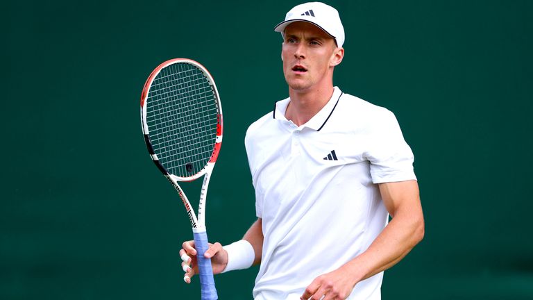 Jan Choinski during his Gentlemen's Singles match against Dusan Lajovic on day one of the 2023 Wimbledon Championships at the All England Lawn Tennis and Croquet Club in Wimbledon. Picture date: Monday July 3, 2023.