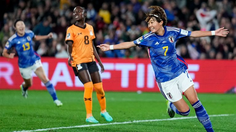 Japan's Hinata Miyazawa reacts after scoring her team's first goal during the Women's World Cup Group C soccer match between Zambia and Japan in Hamilton, New Zealand, Saturday, July 22, 2023. (AP Photo/John Cowpland)