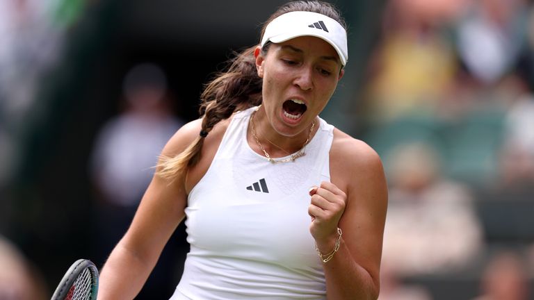 Jessica Pegula reacts during her match against Lesia Tsurenko (not pictured) on day seven of the 2023 Wimbledon Championships at the All England Lawn Tennis and Croquet Club in Wimbledon. Picture date: Sunday July 9, 2023.