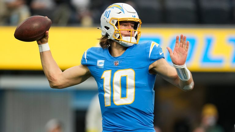 Los Angeles Chargers quarterback Justin Herbert looks to throw a pass during the team's NFL football game against the Los Angeles Rams on Jan. 1, 2023, in Inglewood, Calif. 