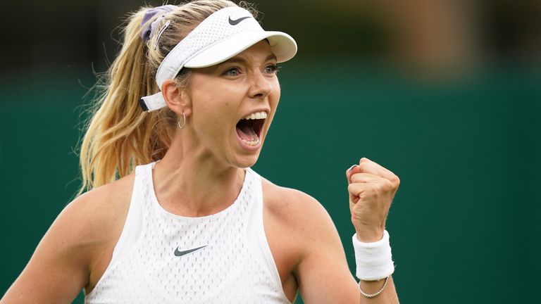 Katie Boulter celebrates as she wins the first set against Daria Saville (not pictured) on day three of the 2023 Wimbledon Championships at the All England Lawn Tennis and Croquet Club in Wimbledon. Picture date: Wednesday July 5, 2023.