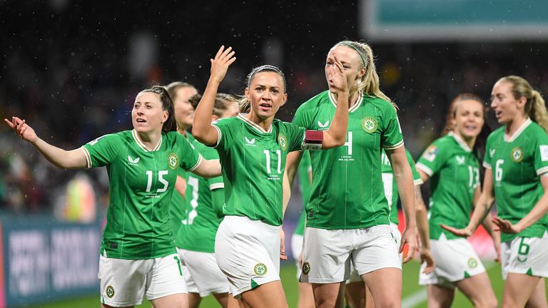 Katie McCabe (centre) acknowledges the crowd after firing Ireland ahead from a corner in their World Cup game against Canada