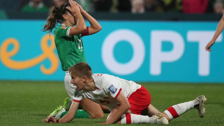 Ireland's Katie McCabe reacts after missing a chance during the Women's World Cup Group B soccer match between Canada and Ireland in Perth, Australia, Wednesday, July 26, 2023. (AP Photo/Gary Day)