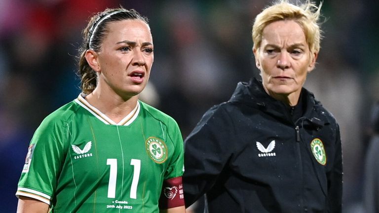 Western Australia , Australia - 26 July 2023; Republic of Ireland captain Katie McCabe and manager Vera Pauw after the final whistle following their side's defeat in the FIFA Women's World Cup 2023 Group B match between Republic of Ireland and Canada at Perth Rectangular Stadium in Perth, Australia. (Photo By Stephen McCarthy/Sportsfile Photo by Stephen McCarthy/Sportsfile via Getty Images)