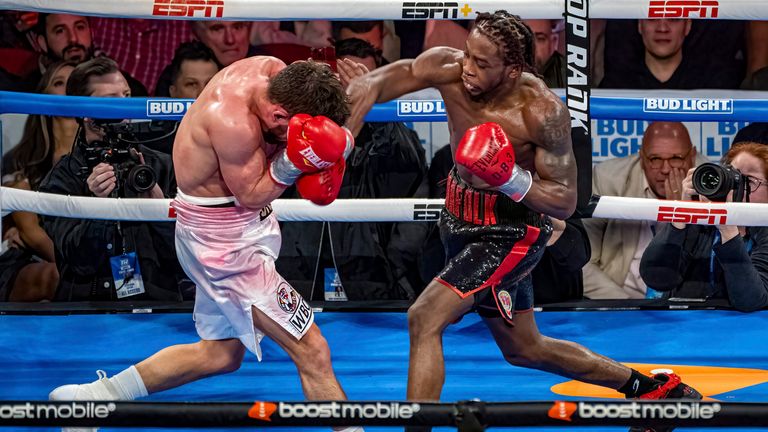 April 8, 2023, Newark, New Jersey, USA: KEYSHAWN DAVIS (black trunks) and ANTHONY YIGIT and battle in a WBO Intercontinental & US WBC Lightweight Title bout at the Prudential Center in Newark, New Jersey. (Cal Sport Media via AP Images)