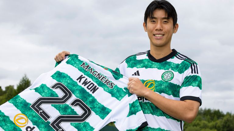 LENNOXTOWN, SCOTLAND - JULY 24: Celtic unveil the signing of Hyeokkyu Kwon at the Lenoxtown Training Centre, on July 24, 2023, in Lennoxtown, Scotland. (Photo by Ross MacDonald / SNS Group)