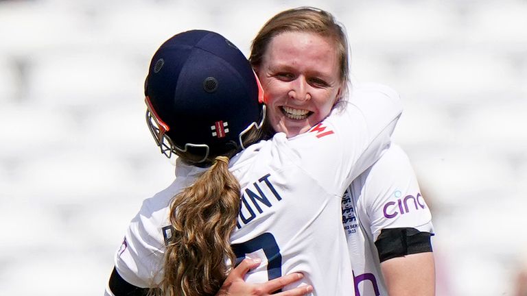 Lauren Filer and Tammy Beaumont celebrate a wicket 