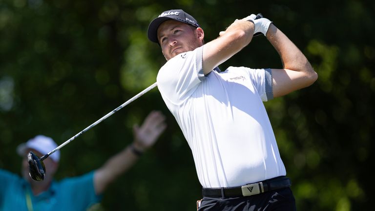 BLAINE, MN - JULY 30: Lee Hodges hits a tee shot on the eleventh hole during the final round of the 3M Open at TPC Twin Cities on July 30, 2023 in Blaine, Minnesota. (Photo by Bailey Hillesheim/Icon Sportswire) (Icon Sportswire via AP Images)