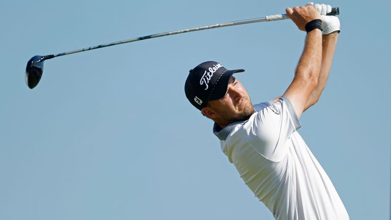 Lee Hodges tees off on the 18th hole during the fourth round at the 3M Open golf tournament at the Tournament Players Club, Sunday, July 30, 2023, in Blaine, Minn. (AP Photo/Bruce Kluckhohn)