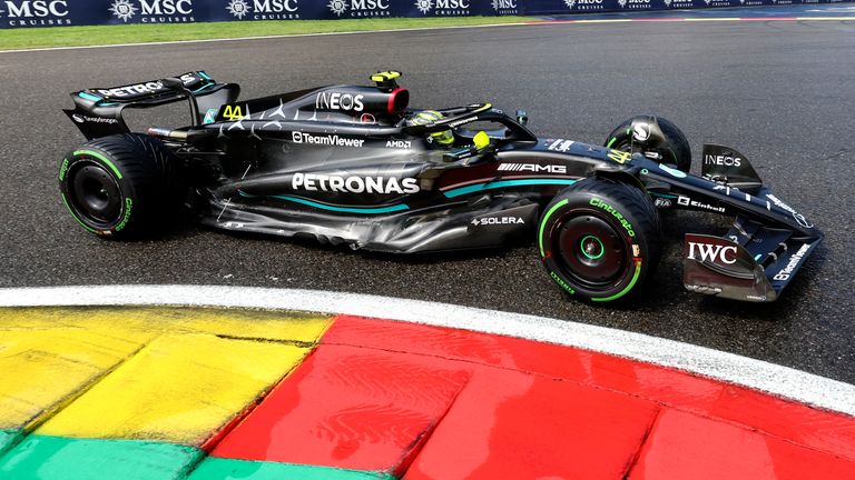 Mercedes driver Lewis Hamilton of Britain steers his car during the sprint shootout ahead of the Formula One Grand Prix at the Spa-Francorchamps racetrack in Spa, Belgium, Saturday, July 29, 2023. The Belgian Formula One Grand Prix will take place on Sunday. (AP Photo/Geert Vanden Wijngaert)