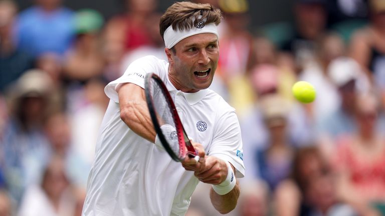 Liam Broady in action against Casper Ruud (not pictured) on day four of the 2023 Wimbledon Championships at the All England Lawn Tennis and Croquet Club in Wimbledon. Picture date: Thursday July 6, 2023.