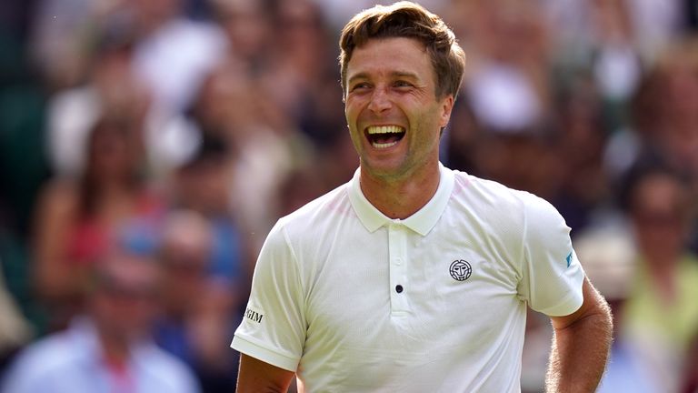 Liam Broady celebrates victory over Casper Ruud on day four of the 2023 Wimbledon Championships at the All England Lawn Tennis and Croquet Club in Wimbledon. Picture date: Thursday July 6, 2023.