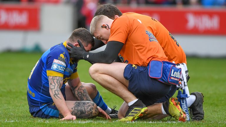 Picture by Olly Hassell/SWpix.com - 19/03/2023 - Rugby League - Betfred Super League Round 5 - Salford Red Devils v Wakefield Trinity - AJ Bell Stadium, Salford, England - Liam Hood of Wakefield Trinity reciving treatment for a head injury