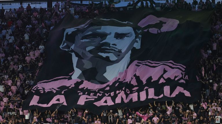 FORT LAUDERDALE, FL - JULY 21: A giant banner of Inter Miami midfielder Lionel Messi (10) is held by fans during the Leagues Cup game between Cruz Azul and Inter Miami CF on Friday, July 21, 2023 at DRV PNK Stadium, Fort Lauderdale, Fla. (Photo by Peter Joneleit/Icon Sportswire) (Icon Sportswire via AP Images)