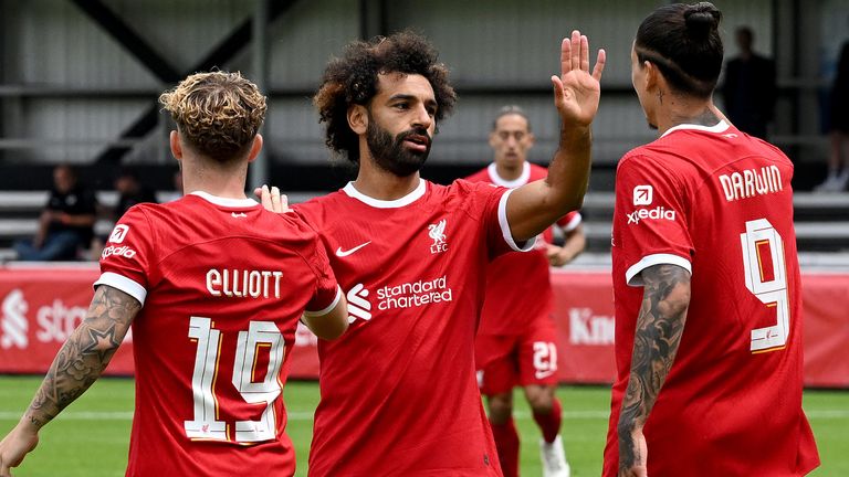 FUERTH, GERMANY - JULY 24: (THE SUN OUT, THE SUN ON SUNDAY OUT) Darwin Nunez (9) of Liverpool celebrates scoring Liverpool's second goal with Mohamed Salah during the pre-season friendly match between SpVgg Greuther Fürth and Liverpool at on July 24, 2023 in Fuerth, Germany. (Photo by Nick Taylor/Liverpool FC/Liverpool FC via Getty Images)