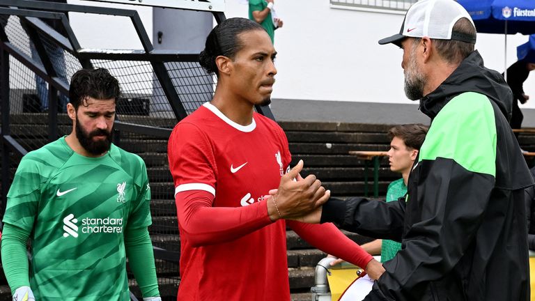 FUERTH, GERMANY - JULY 24: (THE SUN OUT, THE SUN ON SUNDAY OUT) Captain Virgil Van Dijk of Liverpool with Liverpool manager Jurgen Klopp during the pre-season friendly match between SpVgg Greuther Fürth and Liverpool at on July 24, 2023 in Fuerth, Germany. (Photo by Nick Taylor/Liverpool FC/Liverpool FC via Getty Images)