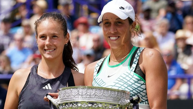 uSA&#39;s Madison Keys celebrates winning the Women&#39;s singles final match against Russia&#39;s Daria Kasatkina on day eight of the Rothesay International Eastbourne at Devonshire Park. Picture date: Saturday July 1, 2023. 