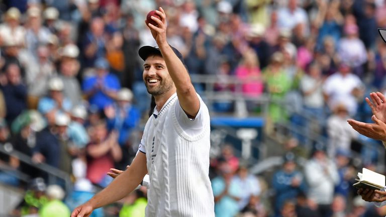 England&#39;s Mark Wood holds up the ball to celebrate his five-wicket haul during the first day of the third Ashes Test match between England and Australia at Headingley, Leeds, England, Thursday, July 6, 2023. (AP Photo/Rui Vieira)
