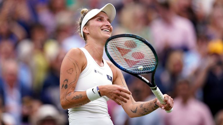 Marketa Vondrousova celebrates winning the Ladies Singles Final following victory against Ons Jabeur on day thirteen of the 2023 Wimbledon Championships at the All England Lawn Tennis and Croquet Club in Wimbledon. Picture date: Saturday July 15, 2023.