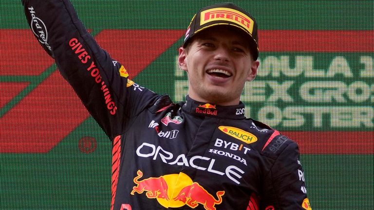 Red Bull driver Max Verstappen of the Netherlands smiles on the podium after winning the Formula One Austrian Grand Prix auto race, at the Red Bull Ring racetrack, in Spielberg, Austria, Sunday, July 2, 2023. (AP Photo/Darko Vojinovic)
