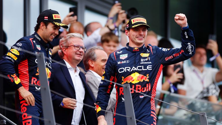 Max Verstappen and Sergio Perez on the podium at the Austrian GP