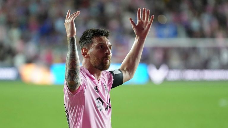 FORT LAUDERDALE, FL - JULY 21: Inter Miami midfielder Lionel Messi (10) celebrates after his goal in the second half during the Leagues Cup game between Cruz Azul and Inter Miami CF on Friday, July 21, 2023 at DRV PNK Stadium, Fort Lauderdale, Fla. (Photo by Peter Joneleit/Icon Sportswire) (Icon Sportswire via AP Images)