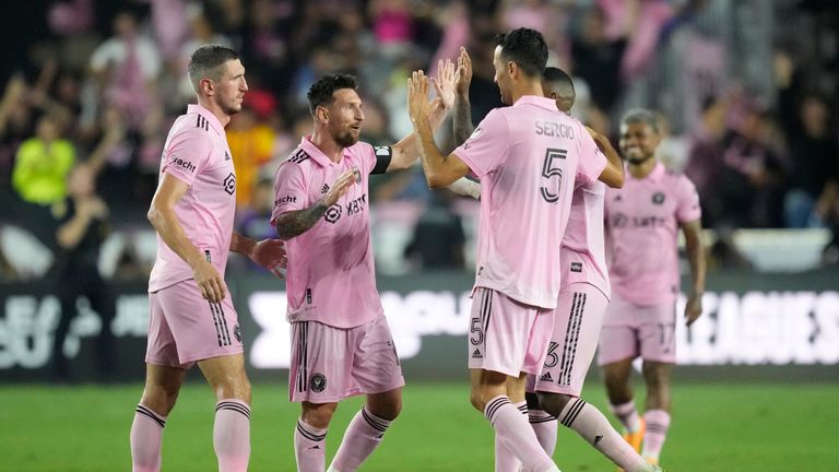 Inter Miami forward Lionel Messi (10) celebrates with his teammates after scoring late in the second half of a Leagues Cup soccer match against Cruz Azul, Friday, July 21, 2023, in Fort Lauderdale, Fla. Inter Miami defeated Cruz Azul 2-1. (AP Photo/Rebecca Blackwell)