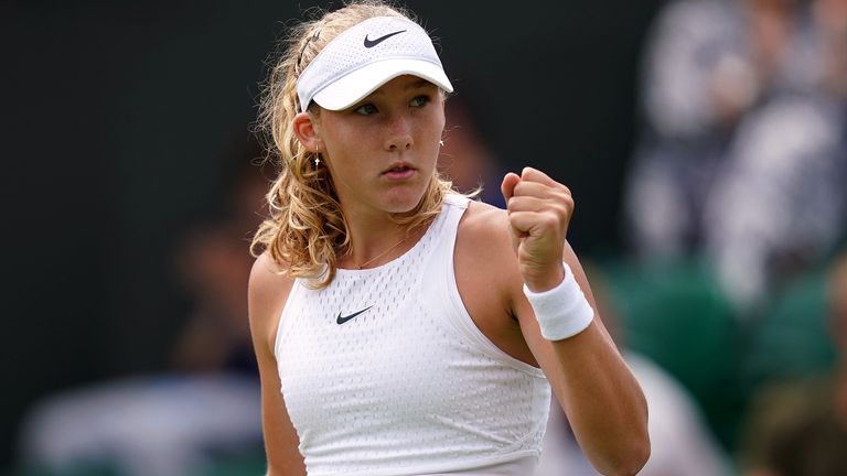 Mirra Andreeva in action against Anastasia Potapova (not pictured) on day seven of the 2023 Wimbledon Championships at the All England Lawn Tennis and Croquet Club in Wimbledon. Picture date: Sunday July 9, 2023.