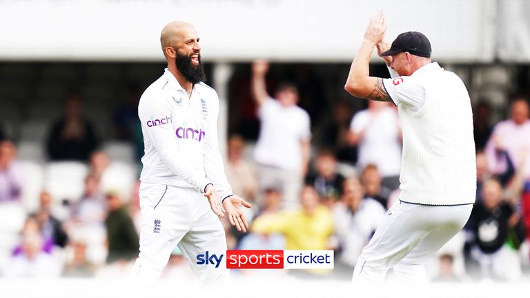 England&#39;s Moeen Ali (left) celebrates the wicket of Australia&#39;s Travis Head 