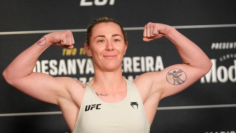 Molly McCann steps on the scale for the official weigh-in during the Official Weigh-ins for UFC 281 on November 11, 2022, at the Marriott Marquis Times Square in New York City, NY. (Photo by Louis Grasse/PxImages/Icon Sportswire) (Icon Sportswire via AP Images)