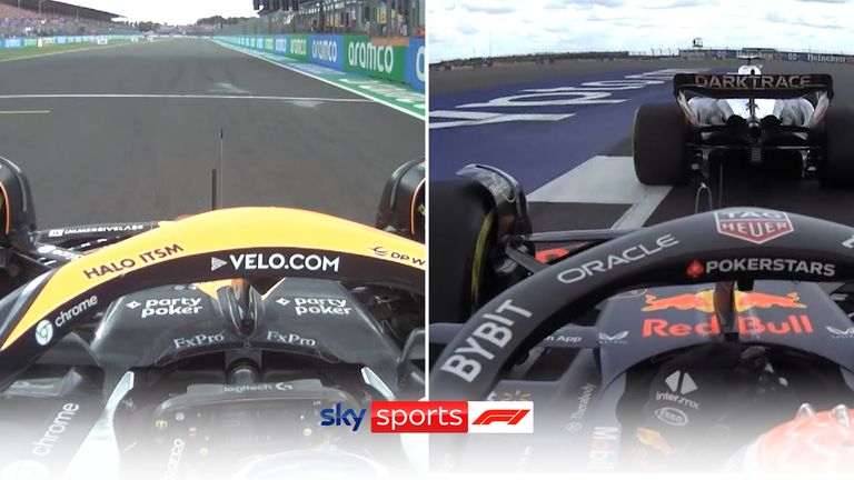 Go onboard with Lando Norris as the McLaren driver overtook Max Verstappen at the start of the British Grand Prix to take the lead of his home race.