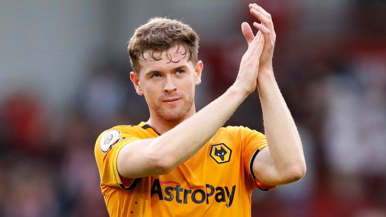 Wolverhampton Wanderers' Nathan Collins applauds the supporters after the English Premier League soccer match between Brentford and Wolverhampton Wanderers, at the Gtech Community Stadium in London, Saturday, Oct. 29, 2022. The match ended in a 1-1 draw. (AP Photo/Steve Luciano)