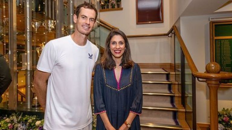 Nazanin Zaghari-Ratcliffe with Andy Murray in the Clubhouse after the first round match in the Gentlemen&#39;s Singles against Ryan Peniston on day two of the 2023 Wimbledon Championships at the All England Lawn Tennis and Croquet Club in Wimbledon. Picture date: Tuesday July 4, 2023.