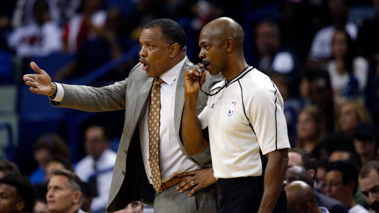New Orleans Pelicans head coach Alvin Gentry challenges an official